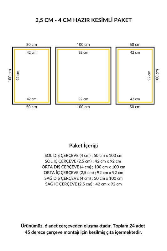 Dekoratif Boyanabilir Duvar Çıtası & GOLD Ayna Pleksi Hazır Kesimli 6 Adet Çerçeve Paketi