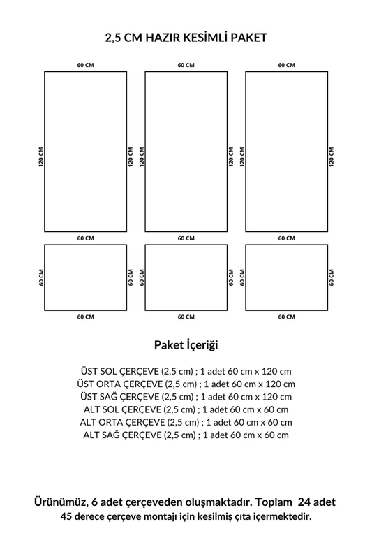 Dekoratif Boyanabilir Hazır Kesimli 2.5 Cm Zarif 3 Üst 3 Alt Duvar Çıtası Paketi