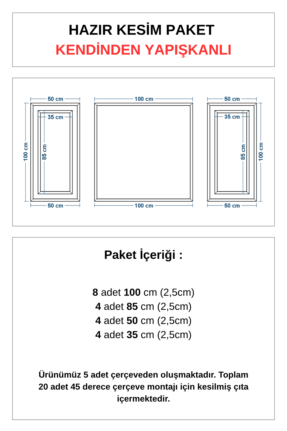 Dekoratif Boyanabilir Kendinden Yapışkanlı 2,5 Cm Duvar Çıtası Hazır Kesimli 5 Adet Çerçeve Paketi
