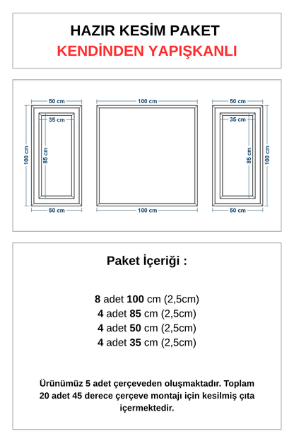 Dekoratif Boyanabilir Kendinden Yapışkanlı 2,5 Cm Duvar Çıtası Hazır Kesimli 5 Adet Çerçeve Paketi