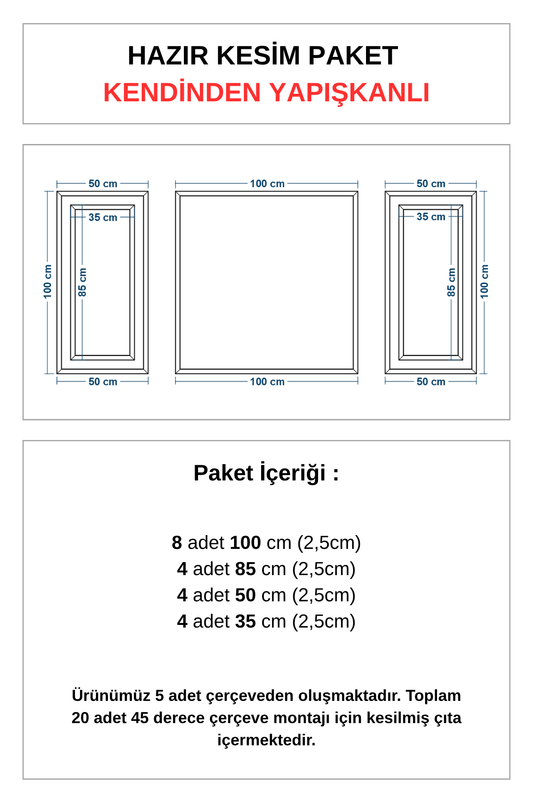 Dekoratif Boyanabilir Kendinden Yapışkanlı 2,5 Cm Duvar Çıtası Hazır Kesimli 5 Adet Çerçeve Paketi
